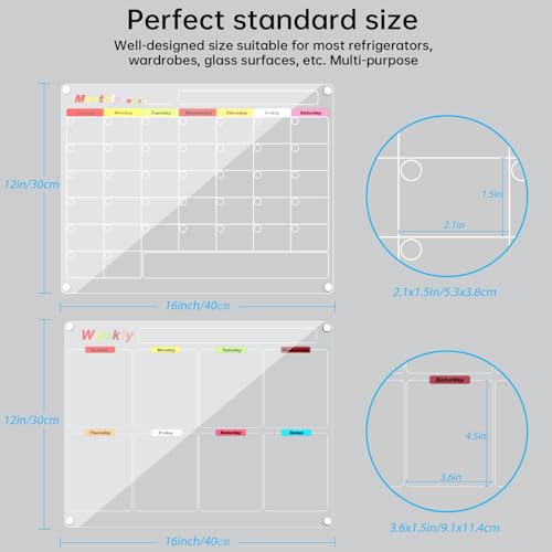 Calendário magnético acrílico para geladeira, pacote com 2, calendário transparente de geladeira de