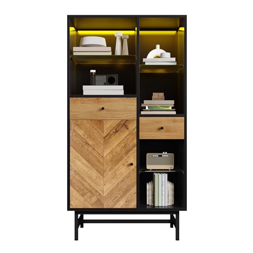 buiesjole Vitrina con tira LED de 12 colores, armario de cocina con cajones y estantes de cristal, grano de madera triangular