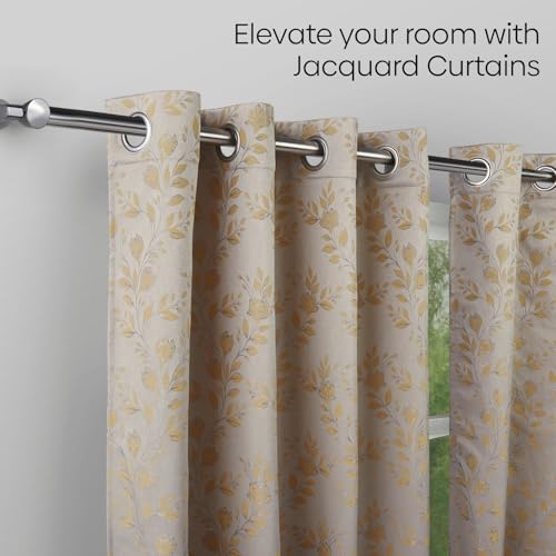 Image of haus & kinder Jacquard Window Curtains 5 Feet Long Pack of 2 Window Curtains, 5 Feet Curtains for Window (Leaf Meadow, Lemon 130x152 CM)