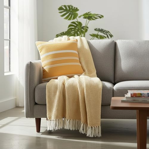 Image of SAJAVAT HOME Soft Cotton 3 Seater Sofa Throw with Cushion Covers | 80x52 Inches / 204x132 Cm | Yellow Throw & Yellow Cushion 18''x18'' for Sofa, Bed, Chair & Travel | Pack of 1