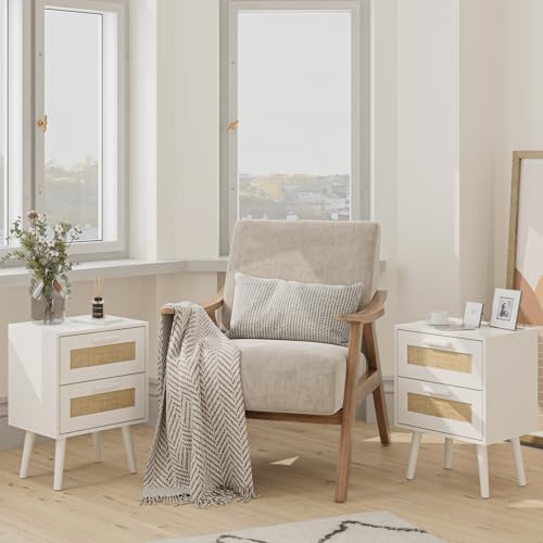 Image of Masupu Rattan Night Stand, Modern nightstand Boho Bedside Table with 2 Drawer, Small End Side Table for Bedroom,Living Room,Office,White