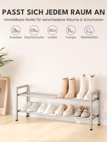 Image of Bumusty 2 Tier Expandable Shoe Rack for Closet, 18 inch-33 inch Adjustable Shoe Rack for Small Space, Small Shoe Organizer for Front Door, Sturdy Metal, Light Grey