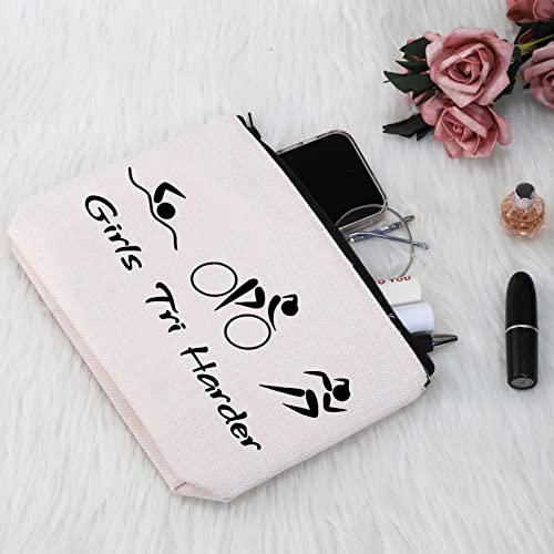 G2TUP Triathlon Lover Gift Tri Harder Makeup Bag Triathlete Cosmetic Bag Zipper Travel Pouch Swim Cycle Run Gift for Female Triathlon Athletes4