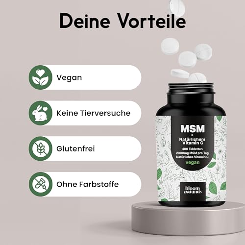 MSM Tabletten Hochdosiert - 400 Stück - 2000 mg MSM + Natürliches Vitamin C - Alternative zu Kapseln - Vegan & Produziert in Deutschland - Laborgeprüft - Verpackung kann variieren