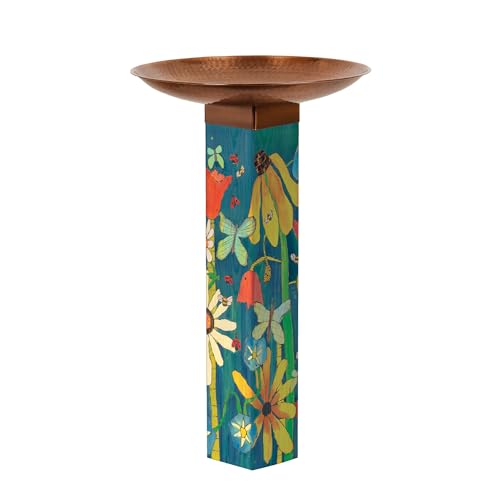 Studio M Art Pole Bird Bath, PVC Weather Resistant Pole with Copper Bowl 31.5 Inches Tall Outdoor Decoration for Gardens, Patios, Yards, Landscaping and Birding Accessories, Earth Laughs in Flowers