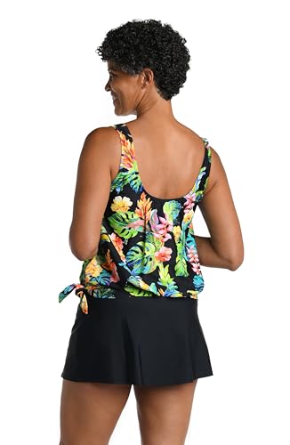 Maxine of Hollywood Women's Standard Side Tie Scoop Neck Banded Tankini Swimsuit Top, Black//Oahu Oasis, 142