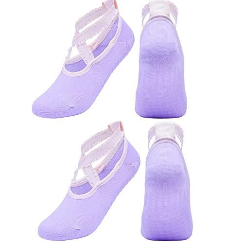 POKEAT 2Pair Women Lace Breathable Pilates Socks Silicone Anti Slip Bandage Ballet Dance Cotton Sports Sock Backless Fitness Yoga Socks,Purple