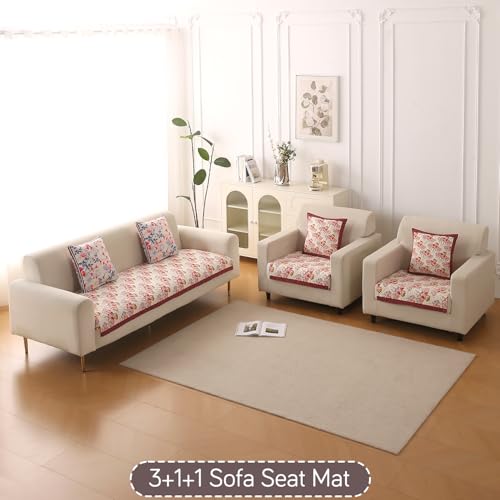 Image of HOKIPO 'Florentina Series' Premium Holland Velvet 5 Seater Sofa Cover Mat in 3+1+1 Configuration with Foam Filling for Extra Softness, Anti-Slip Backing, Autumn Cream (IN-881+878 * 2-V3)