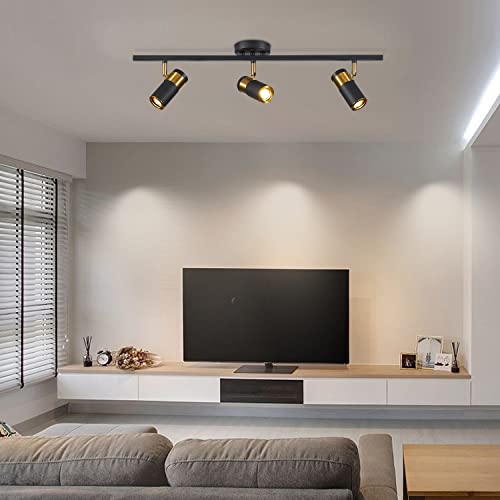Image of 3-Light LED Track Lighting, Black and Gold GU10 Ceiling Spotlight | 350 rotatable heads direct focused light; 23.6-inch ceiling fixture for living rooms, hallways, kitchens, and studios