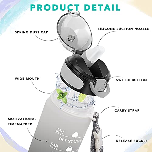 Image of Enerbone 32 OZ Water Bottle with Times to Drink and Straw, Leakproof BPA & Toxic Free, Drinking Water Bottle with Carrying Strap, Ensure You Drink Enough Water Throughout the Day for Fitness and Outdoor, Gray-Black