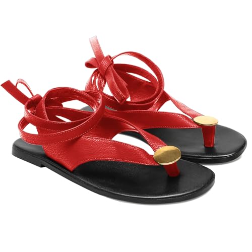 Strap Flip Flop Flat Sandals for Women with Metal Circular Ankle Strappy Ladies Fashion Cute Summer Thong Sandals Dressy.