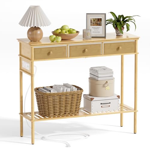 EZ2LIVE 38" Entryway Table Console Table with 3 Fabric Drawers, Small Entry Way Table with Power Outlets, Bamboo Narrow Sofa Table with Storage Shelves for Living Room, Hallway, Foyer, Entrance by EZ2LIVE - Image 9