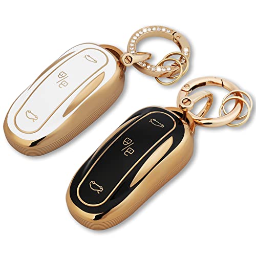 Shejisi Car Key Fob Cover Gold Soft Keychain,Girly Full Covers Keys Shells,Beautiful And Shiny Automotive Accessories,New Car Key Holder,Compatible With Tesla X #TOP20