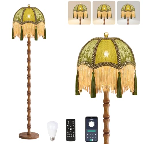 Image of AHDWDW Vintage Floor Lamp for Living Room Bedroom,Victorian Floor Lamps with Remote,Wood Standing Tall Lamp with Green Tassels Velvet Lampshade,Fringe Dimmable Floor Lamp for Corner Reading Decor