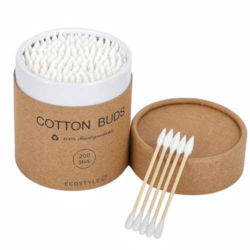 ikappy Bastoncillos de algodón en Caja de 200 Piezas, diseño Puntiagudo y Redondo de Doble Extremo desechable Herramientas de Limpieza de eliminación de Maquillaje de Madera