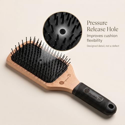 Image of Premium Wooden Paddle Hair Brush for Men & Women | Wide Detangling Hair Brush for Wet, Thick, Curly & Long Hair | Anti-Static Smooth Finish | Rubber Grip Handle