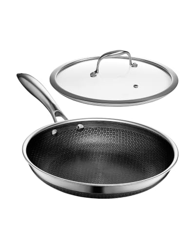 HexClad 10 Inch Hybrid Nonstick Frying Pan with Lid, Stay-Cool Handle, Dishwasher and Oven Safe, Induction Ready, Frying Pan Skillet Compatible with All Cooktops