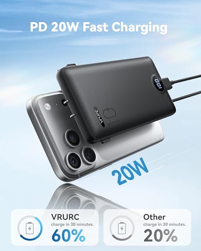 VRURC 10000mAh 22.5W Portable Charger, AC Plug & Built-in Cables,Black | Slim battery pack ,PD 20W fast charging, for business travel,compatible with iPhone & Samsung - Image 4