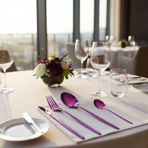 Image of 20 Pcs Pink Slim Handle Stainless Steel Cutlery Set for Dining Table with Spoons and Forks Set + Butterknives - The Perfect Tableware /Flatware