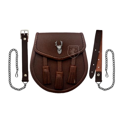 Image of Scottish Original Leather Sporran with Leather Belt & Chain (Brown Leather Stag Head Sporran)