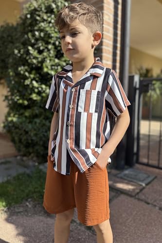 Image of Arshiner Boys 2 Pieces Summer Beach Outfits Short Sleeve Button Down Shirts and Shorts Vacation Texture Sets for Kids