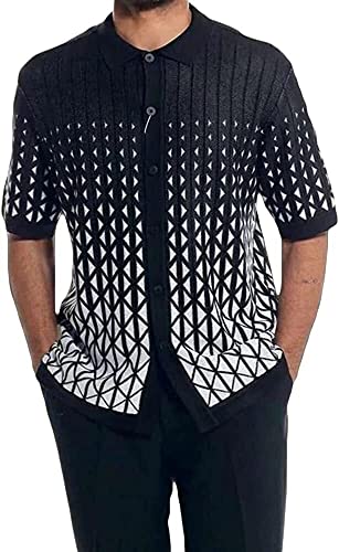 Men's 2 Piece Outfit Criss-Cross Pattern Walking Suit Short Sleeve Set with Long Pants Button Beach Casual