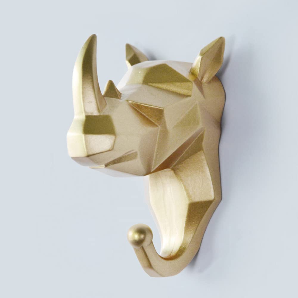 LIJUCAI 1Pc Creative Animal Shape Coat Hook Wall-Mounted Deer Head Key Hanger Home Sundries Storage Shelf,Gold Rhino