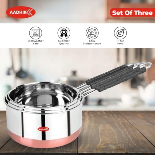 Image of AADHIK Stainless Steel Sauce Pan Set with Lid, 1L, 1.5L & 2L, Set of 3