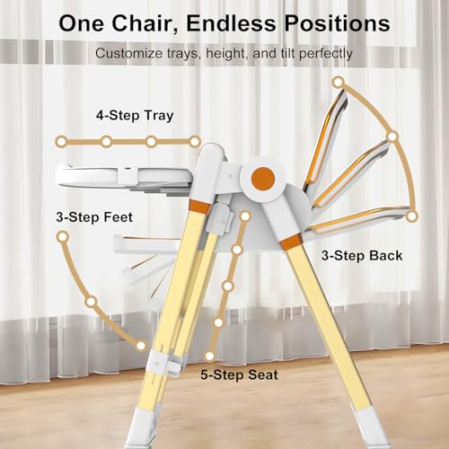 Image of Baby High Chair, Foldable High Chair for Babies and Toddlers with Wheels, Adjustable Highchair with 2 Seat Modes, Removable Dual Tray, PU Cushion, 5-Point Harness, White