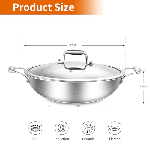 Image of DELARLO 12 Inch Stainless Steel Nonstick Wok Pan with Lid 5Qt Pot | Tri-Ply Deep 5-quart wok heats quickly and evenly, works with induction, and is dishwasher and oven safe for everyday cooking