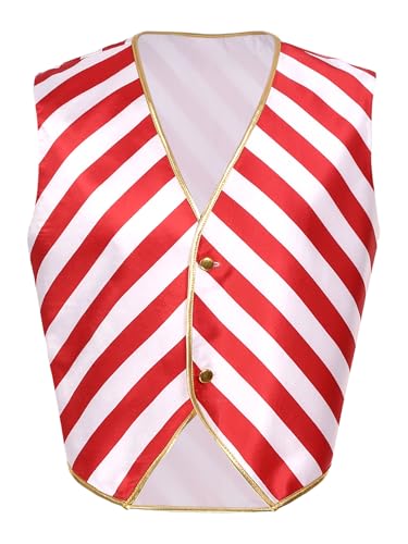 Men's Christmas Candy Cane Red White Stripe Vest V Neck Button Down Waistcoat Festival Shirt