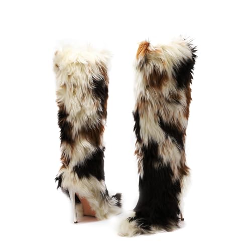 FancyQueen Faux Fur Boots for Women Knee High Furry Heel Boots Fashion Pointed Toe Snow Winter Boot Warm Women Boot 6