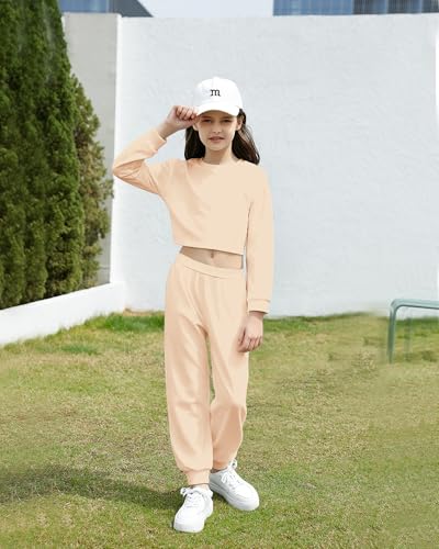 Image of Betusline Girls 2 Piece Outfits Girls Cropped Sweatsuit Pants Outfit Clothes Set, 4T-14 Years