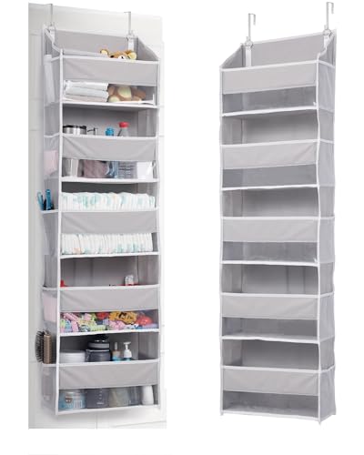 Image of ULG 1 Pack Over Door Organizer with 5 Large Pockets 10 Mesh Side Pockets, 44 lbs Weight Capacity Hanging Storage Organizer with Clear Window for Kids Toys, Shoes, Diapers, Grey, 5 Layer