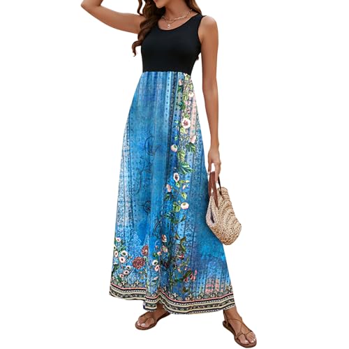 Image of Sherosa Women Boho Chevron Striped Floral Printed Summer Sleeveless Tank Long Maxi Party Dress