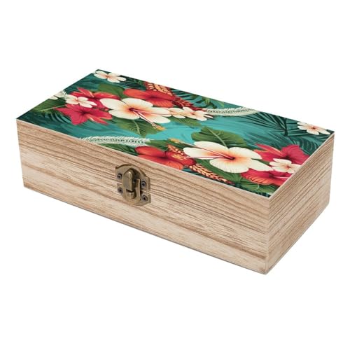 Coffre de rangement bois avec couvercle fleurs hawaïennes vert - 7