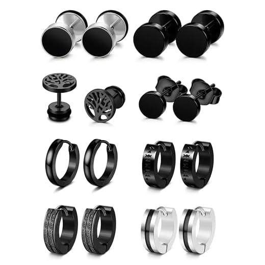 YADOCA 8 Pares Pendientes Hombres Pendientes Negro para Hombres Acero Inoxidable Hipoalergénico Piercing Oreja Negro Pendientes de Aro para Hombre Niños, A