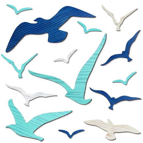Fangoo 14 Pcs Wooden Seagull Wall Decor Multisized Beach Themed Wall Art Set Nautical Adhesive Aquatic Sea Birds Sculpture for Bedroom Living Room Bathroom Lake House Ocean Party Decor Art Craft