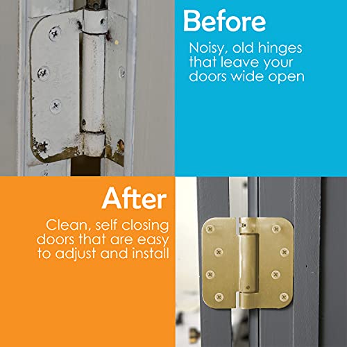 Houseables Self Closing Door Hinges, Mortise Spring Hinge, 5/8" Radius Corner, Brass Finish, 4” X 4”, 2 Pack, 2.7 Mm, Automatic Closer, Adjustable, Tension Loaded, Auto Close Pin, Heavy Duty #TOP5