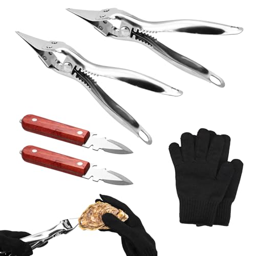 Sinbana Kit Professionnel Ouvre-Huîtres, 2pcs Acier Inoxydable Ouvre-Huître 2pcs Couteau Ouverture avec Gants Résistants aux Coupures Outils Fruits Mer pour Facile Ouverture Coquille & Pas Perte Jus