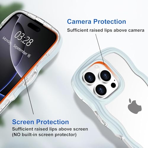 Image of GoldKart iPhone 16 Pro Max Case Wavy Edge Clear Back Design, Anti-Slip Grip Cute Wave Curly Frame Shape Shockproof Soft TPU & Hard PC Bumper Protective Phone Case Cover for Women Girls - Light Blue