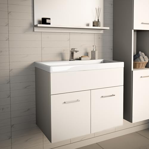 [en.casa] Mueble de Baño con Lavabo Krildihana con Compartimento Cerrado Elegante Mueble Auxiliar Bajo Lavabo para Baño 2 Puertas con Tiradores 61 x 40 x 49,5 cm - Blanco