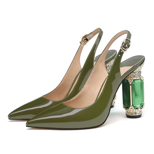 Image of JANSEVEN Women Chunky Heels Pumps Crystal Block Heels with Rhinestones Pointed Toe Sexy Gradient Patent Leather Slip on Bridal Party Wedding Dress Shoes 5-13 M US