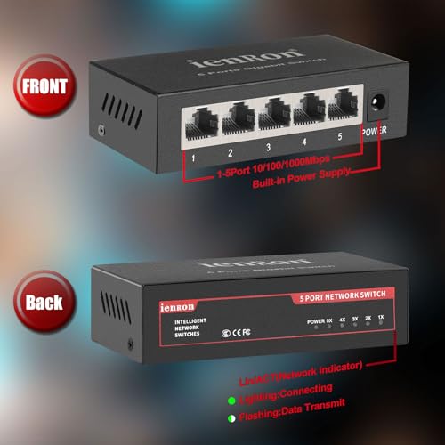 Image of 5 Port Gigabit Ethernet Switch, 1000Mbps Network Hub, Plug & Play, Fanless Metal Housing, Wall /Desktop Mount for Home /Office /Gaming /Streaming , Black