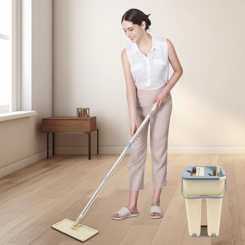 MINRS Bodenwischer, Wischmopp Set mit Eimer mit 10 Mikrofaserbe Wischtücher 360 Grad Drehbare Moppkopf Erhältlich für den Trocken-und Nassgebrauch Zwei-Tank-Design für Wohnungen Einkaufszentren – Bild 7