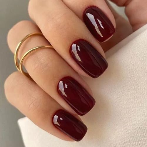 GLAMERMAID Burgundy Press on Nail Medium Square, Dark Red Handmad...