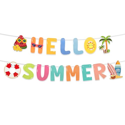 SHAWDENG Hello Summer Banner Colorful Summer Party Decorations with Sun Sunglasses Swimming Rings Watermelon Coconut Trees Surfboard Suitable for Birthday Home Beach Party Pool Party Hawaii Party