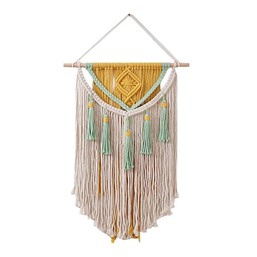 Tenture murale macramé en coton tissé avec pompons décoratifs pour appartement