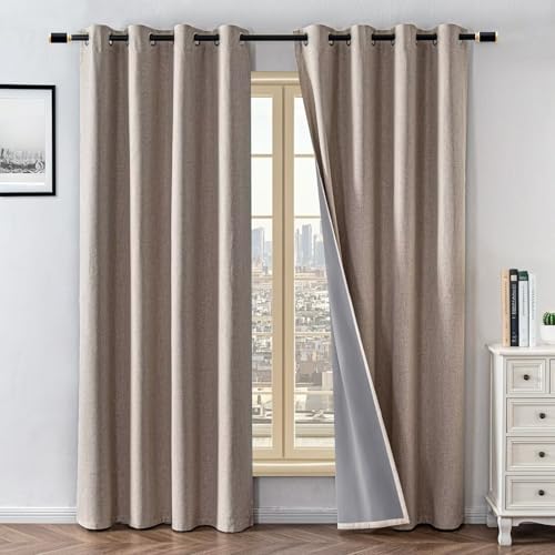 Blackout Curtains 96in Long 2 Panels Beige, Thermal Insulated Grommet Drapes