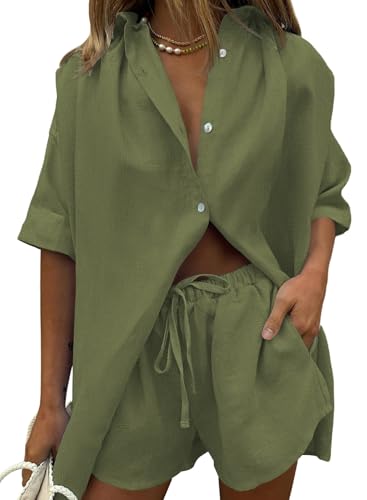 Image of Fixmatti Women 2 Piece Outfits Long Sleeve Button Down Blouse and Shorts Sweatsuit Sets